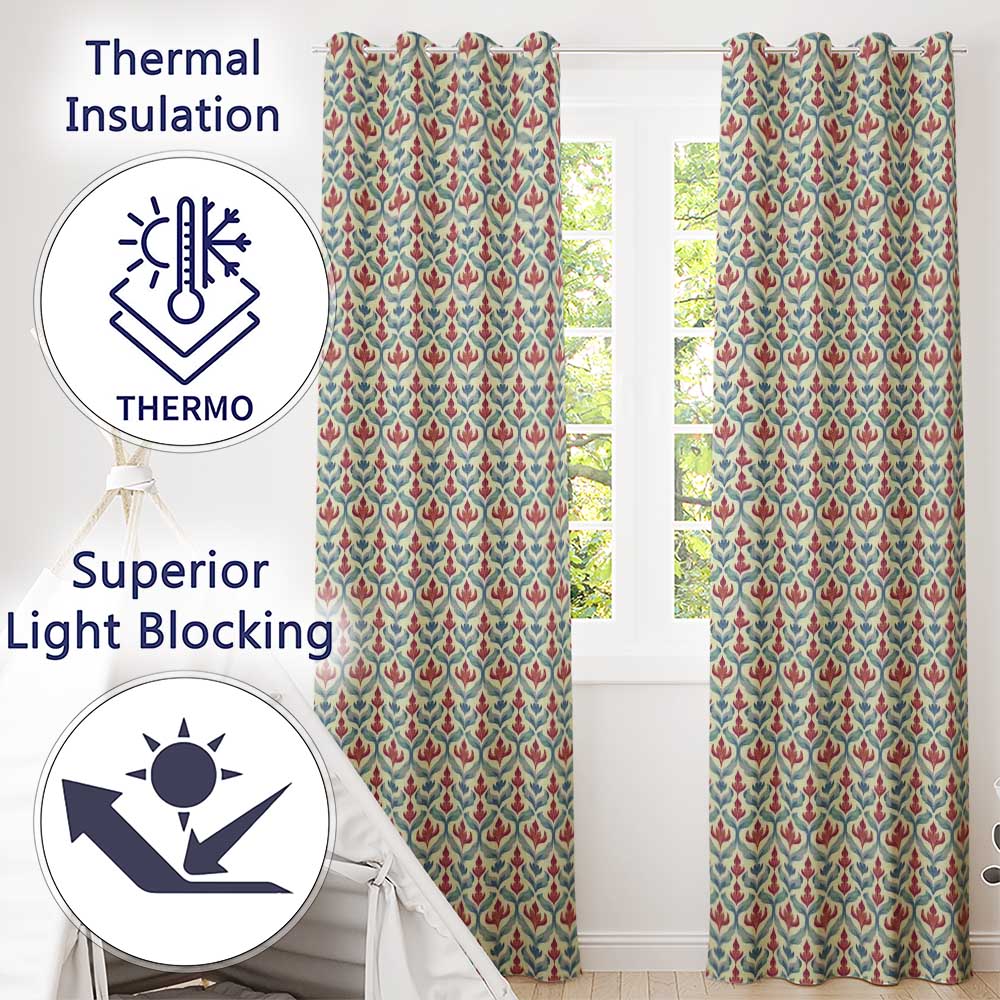 Soft Red Blue Botanical Leaf Repeat Seamless Pattern Readymade Eyelet Ring Top Thermal 100% Blackout Curtains