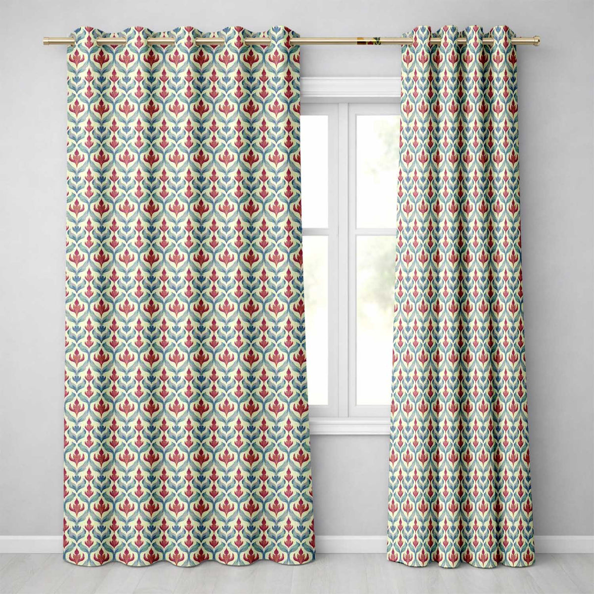 Soft Red Blue Botanical Leaf Repeat Seamless Pattern Readymade Eyelet Ring Top Thermal 100% Blackout Curtains