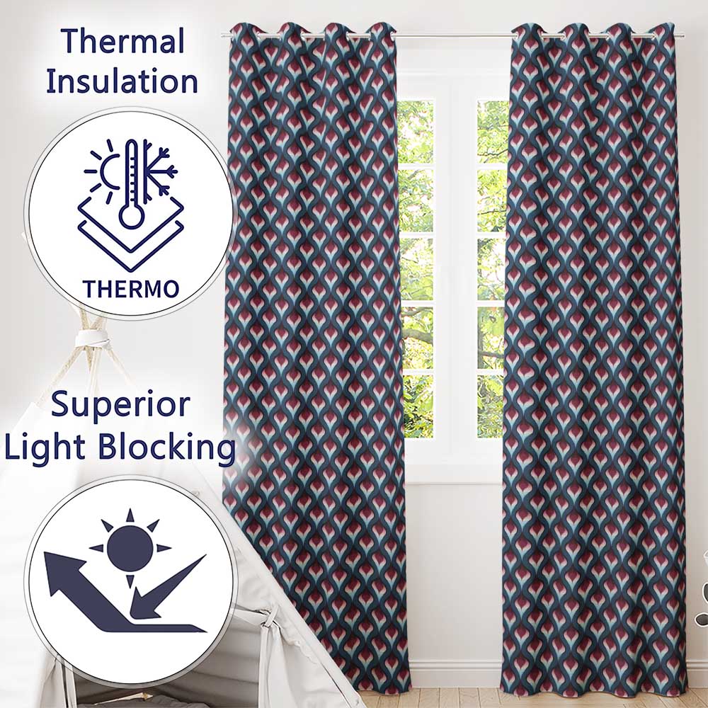 Red Blue Gradient Wave Seamless Pattern Readymade Eyelet Ring Top Thermal 100% Blackout Curtains