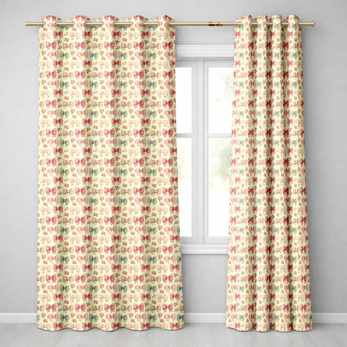 Shabby Chic Floral Bow Pattern with Roses in Pastel Pink Seamless Readymade Eyelet Ring Top Thermal 100% Blackout Curtains