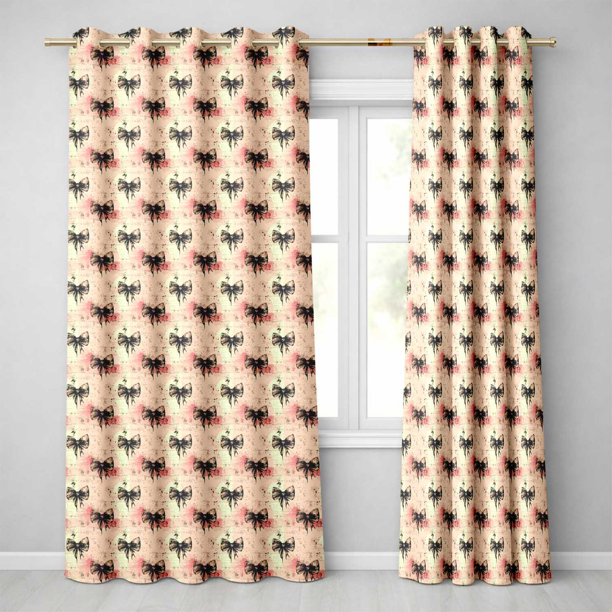 Grunge Style Black Bow Pattern with Distressed Background Seamless Readymade Eyelet Ring Top Thermal 100% Blackout Curtains