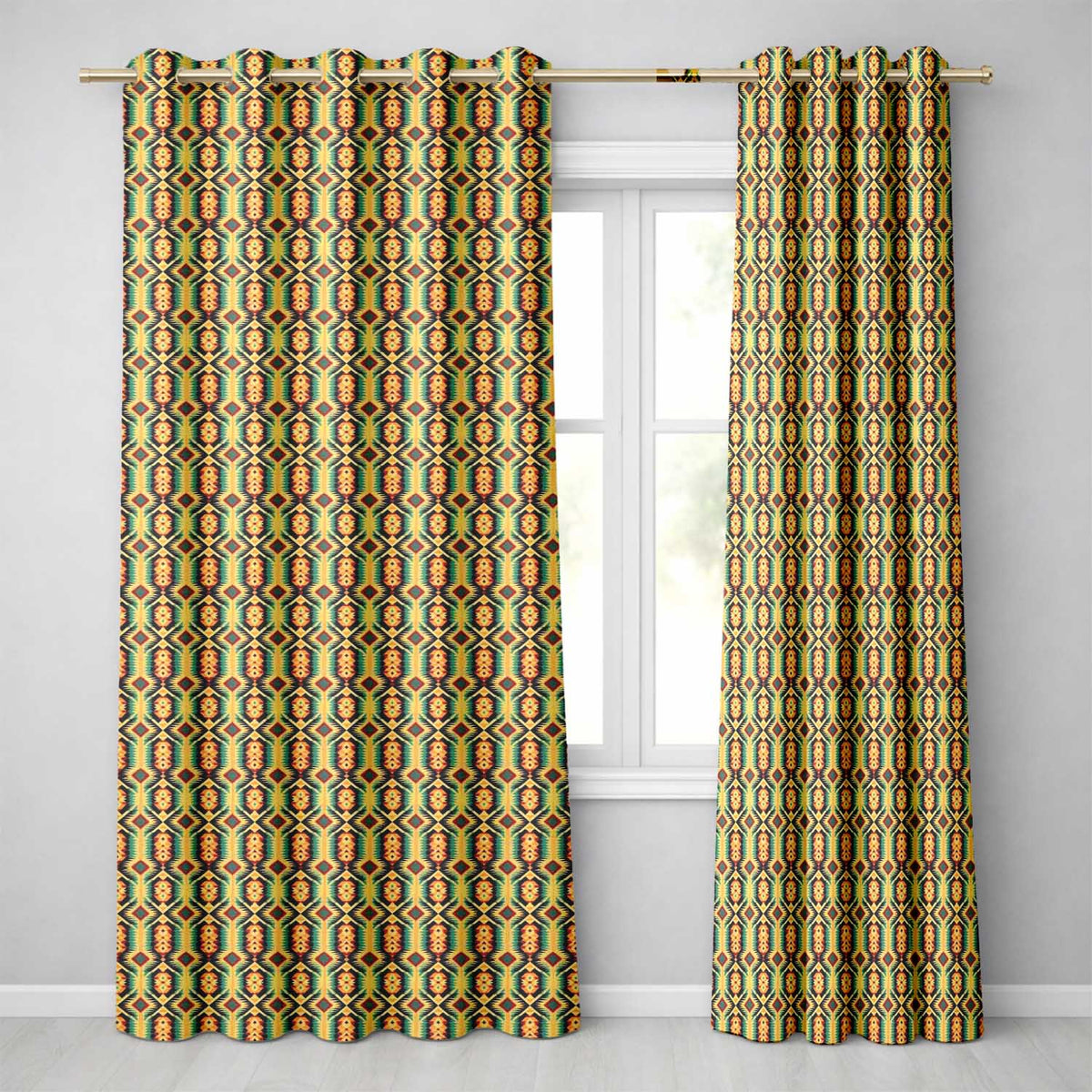 Southwest Inspired Pattern in Green Yellow and Red Seamless Design Readymade Eyelet Ring Top Thermal 100% Blackout Curtains