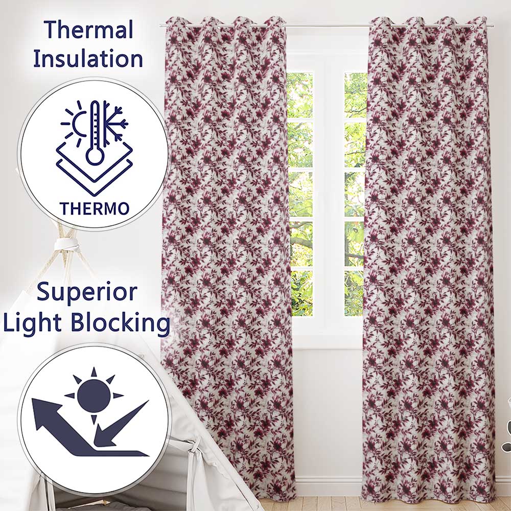 Elegant Burgundy Floral Pattern on Light Background Seamless Pattern Readymade Eyelet Ring Top Thermal 100% Blackout Curtains