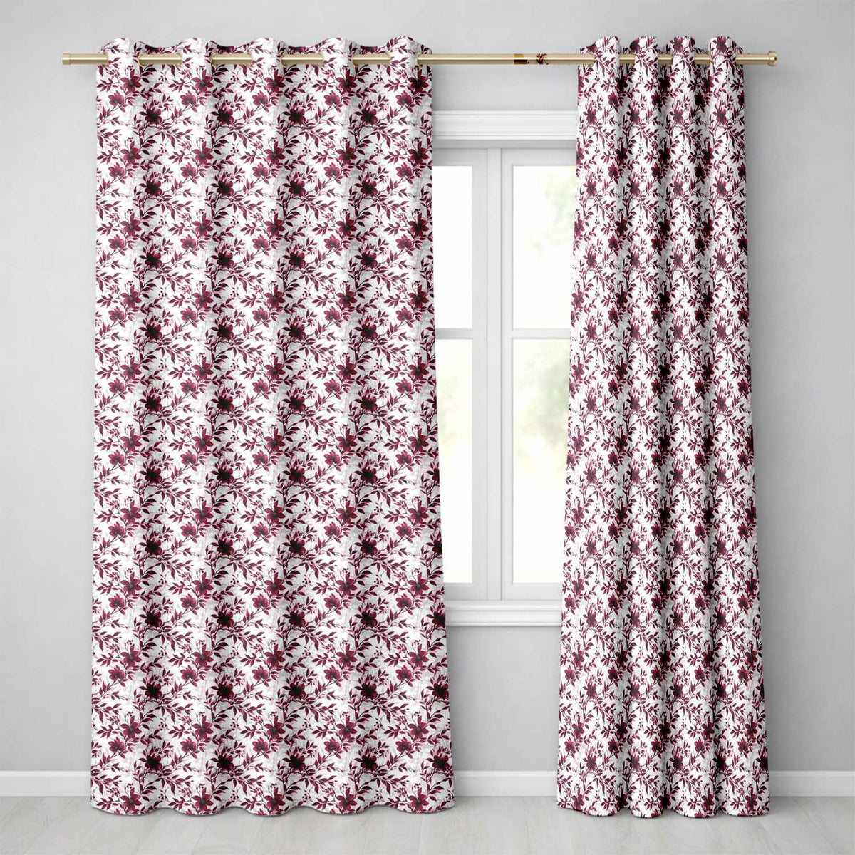 Elegant Burgundy Floral Pattern on Light Background Seamless Pattern Readymade Eyelet Ring Top Thermal 100% Blackout Curtains