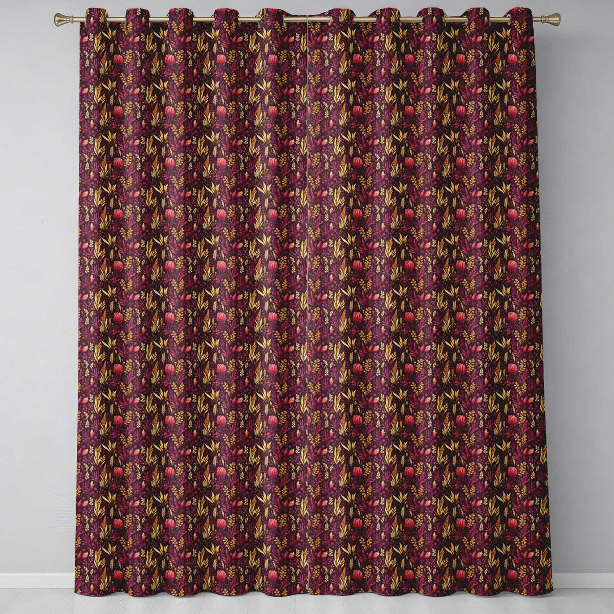 Dark Botanical Floral Pattern in Red and Gold Seamless Pattern Readymade Eyelet Ring Top Thermal 100% Blackout Curtains