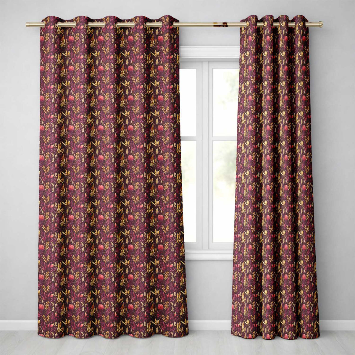 Dark Botanical Floral Pattern in Red and Gold Seamless Pattern Readymade Eyelet Ring Top Thermal 100% Blackout Curtains