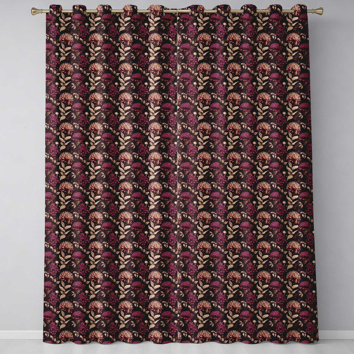 Rich Burgundy Dahlia Floral Pattern with Beige Leaves Seamless Pattern Readymade Eyelet Ring Top Thermal 100% Blackout Curtains