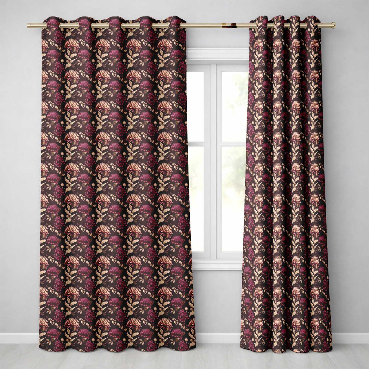 Rich Burgundy Dahlia Floral Pattern with Beige Leaves Seamless Pattern Readymade Eyelet Ring Top Thermal 100% Blackout Curtains