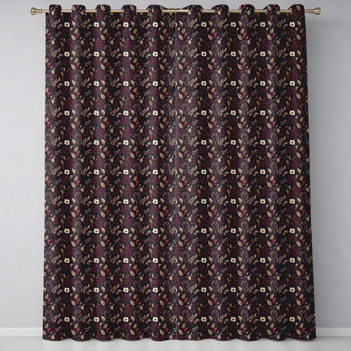 Dark Burgundy and Gold Botanical Leaves Floral Seamless Pattern Readymade Eyelet Ring Top Thermal 100% Blackout Curtains