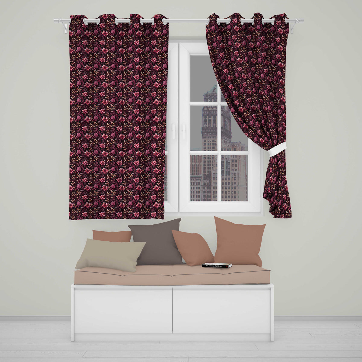 Dark Burgundy Floral Blooms with Leaves Seamless Pattern Readymade Eyelet Ring Top Thermal 100% Blackout Curtains