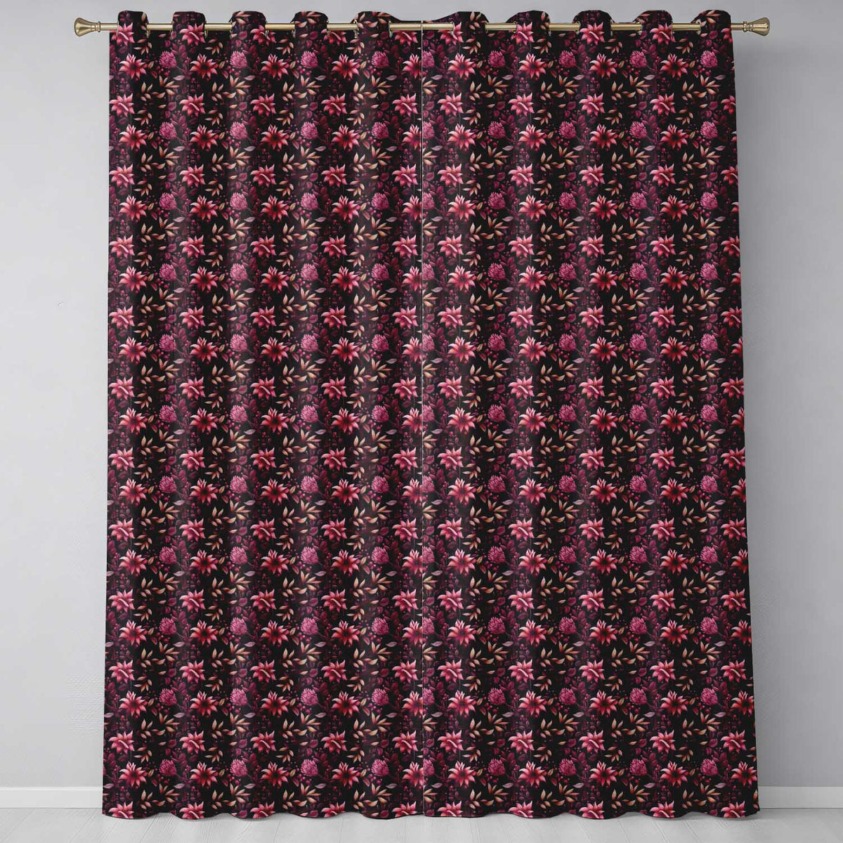 Dark Burgundy Floral Blooms with Leaves Seamless Pattern Readymade Eyelet Ring Top Thermal 100% Blackout Curtains