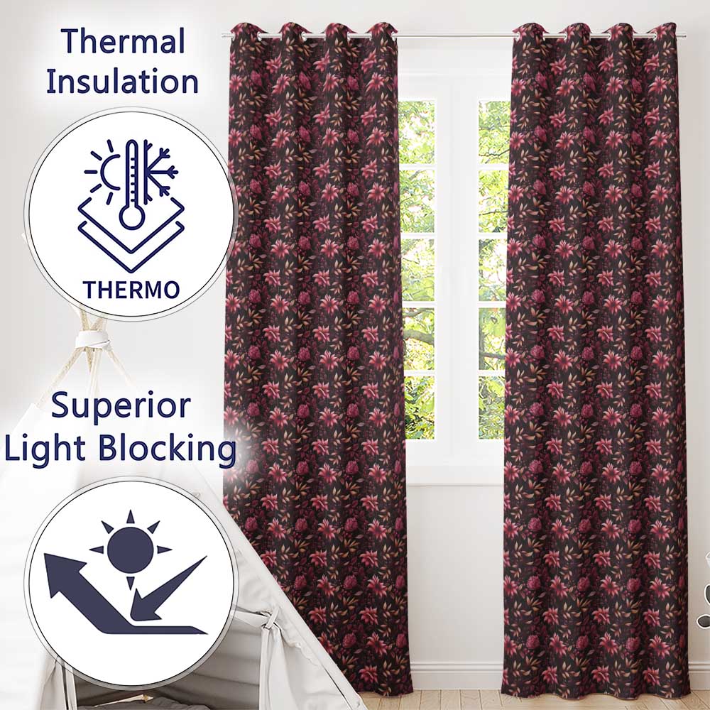 Dark Burgundy Floral Blooms with Leaves Seamless Pattern Readymade Eyelet Ring Top Thermal 100% Blackout Curtains