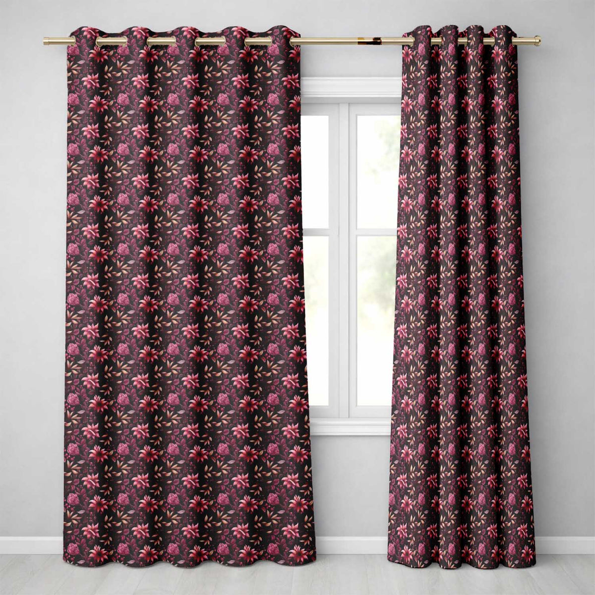 Dark Burgundy Floral Blooms with Leaves Seamless Pattern Readymade Eyelet Ring Top Thermal 100% Blackout Curtains
