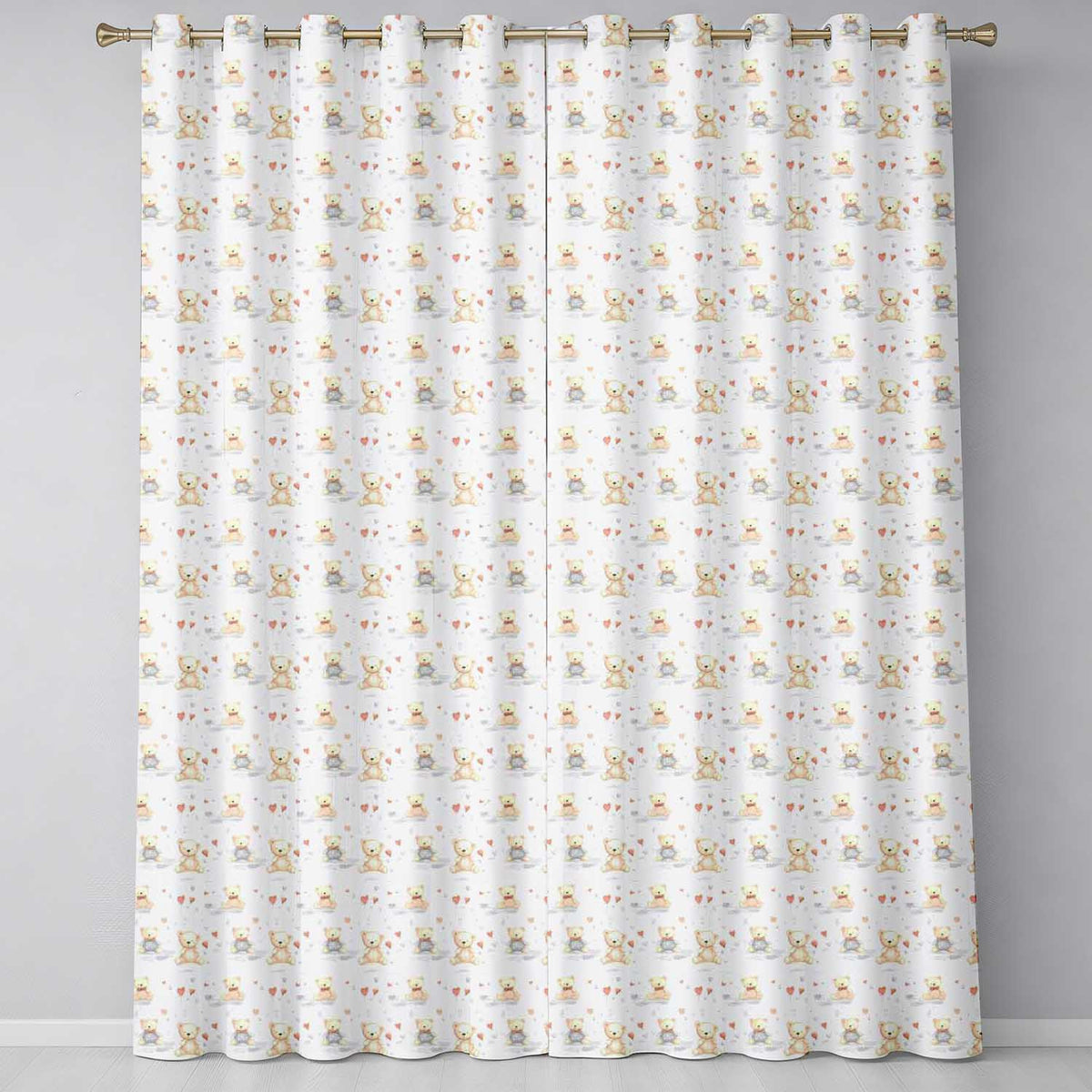 Cute Teddy Bears with Hearts and Soft Pastel Background Seamless Pattern Readymade Eyelet Ring Top Thermal 100% Blackout Curtains