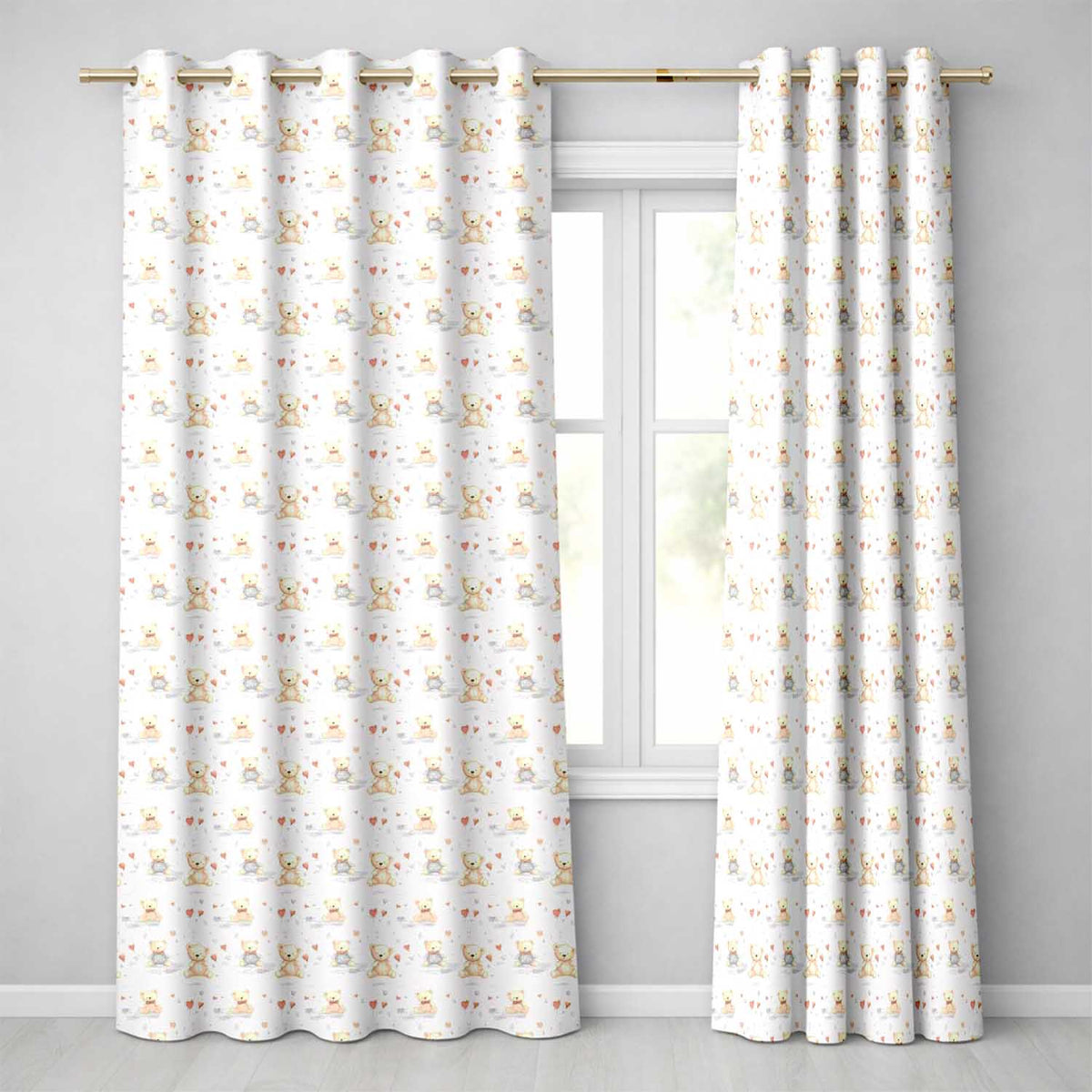 Cute Teddy Bears with Hearts and Soft Pastel Background Seamless Pattern Readymade Eyelet Ring Top Thermal 100% Blackout Curtains