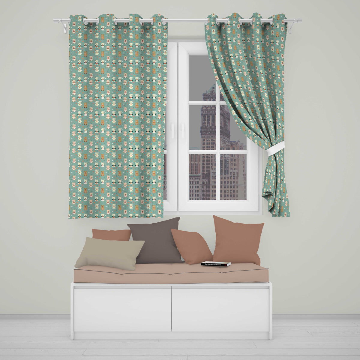 Cute Teddy Bears with Bows and Hearts on Teal Background Seamless Pattern Readymade Eyelet Ring Top Thermal 100% Blackout Curtains