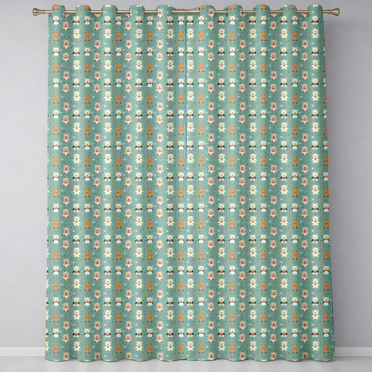 Cute Teddy Bears with Bows and Hearts on Teal Background Seamless Pattern Readymade Eyelet Ring Top Thermal 100% Blackout Curtains