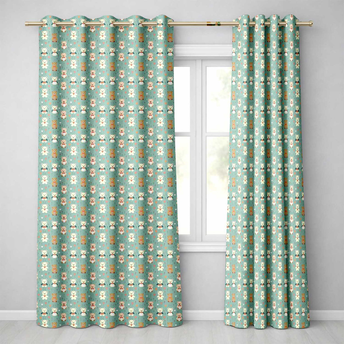 Cute Teddy Bears with Bows and Hearts on Teal Background Seamless Pattern Readymade Eyelet Ring Top Thermal 100% Blackout Curtains