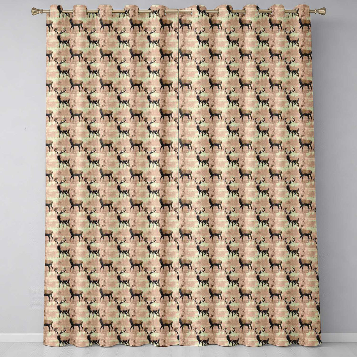 Classic Stag Deer Silhouettes on Beige Background Seamless Pattern Readymade Eyelet Ring Top Thermal 100% Blackout Curtains