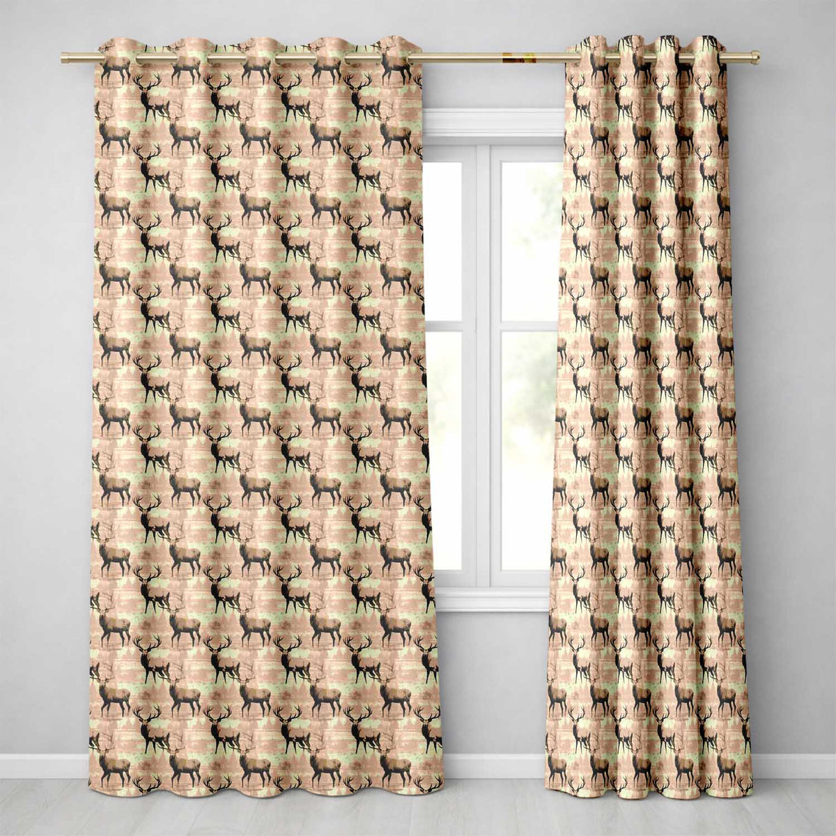 Classic Stag Deer Silhouettes on Beige Background Seamless Pattern Readymade Eyelet Ring Top Thermal 100% Blackout Curtains