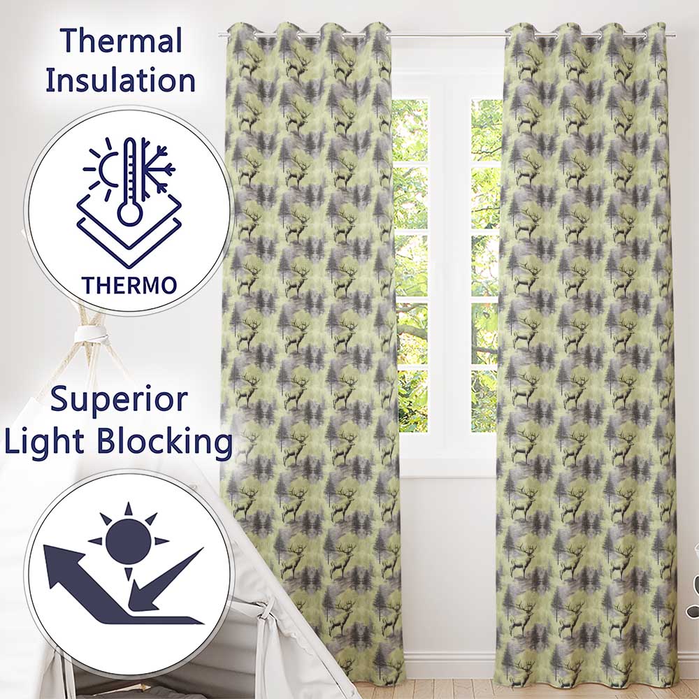 Elegant Deer in Misty Pine Forest Soft Blue Tones Seamless Pattern Readymade Eyelet Ring Top Thermal 100% Blackout Curtains
