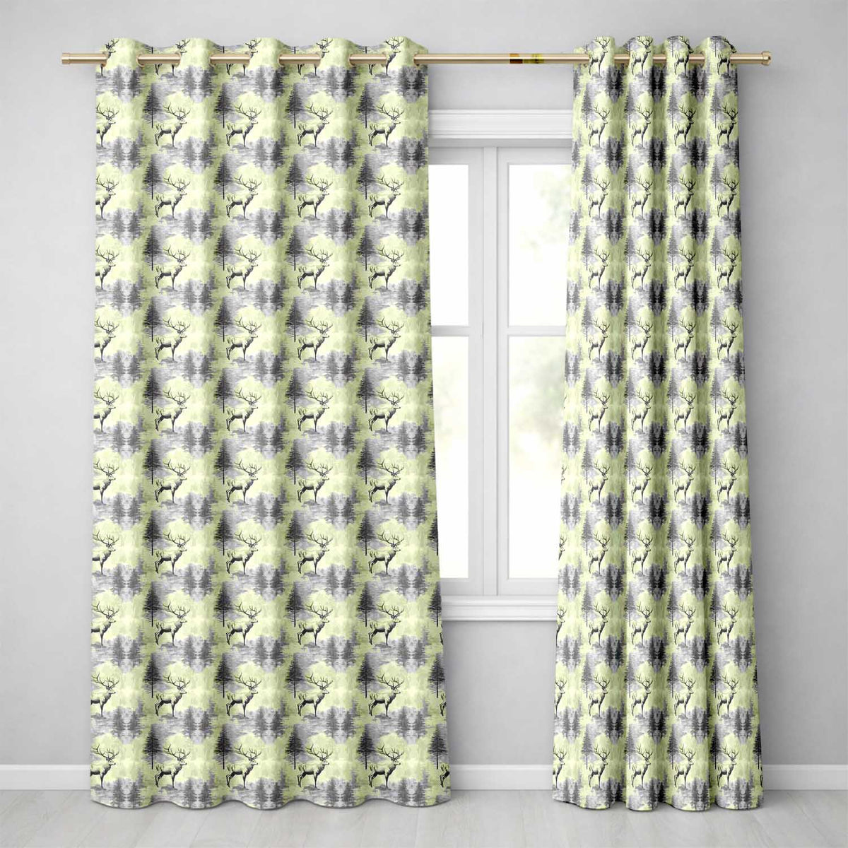 Elegant Deer in Misty Pine Forest Soft Blue Tones Seamless Pattern Readymade Eyelet Ring Top Thermal 100% Blackout Curtains