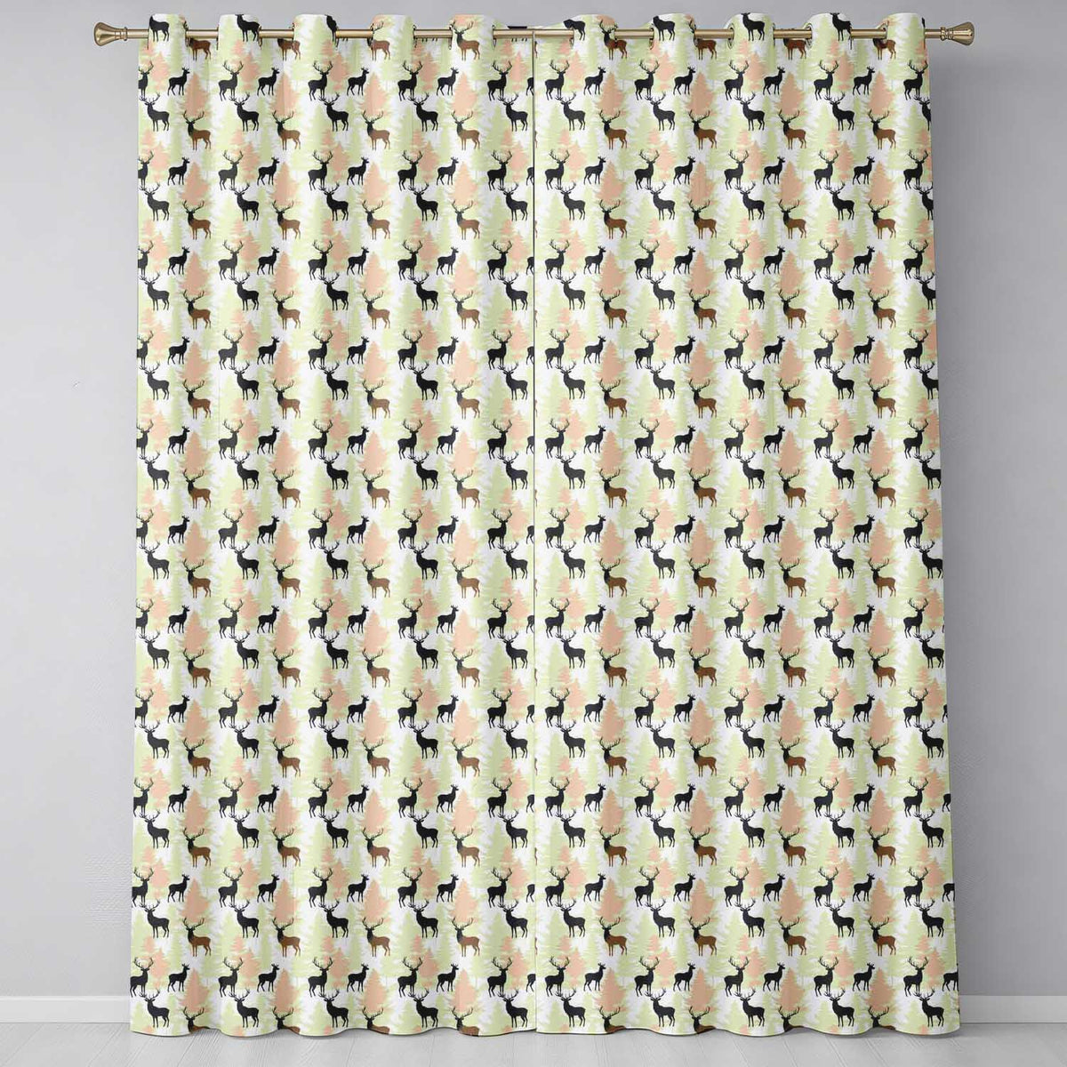 Modern Deer Silhouette with Forest Background Neutral Tones Seamless Pattern Readymade Eyelet Ring Top Thermal 100% Blackout Curtains