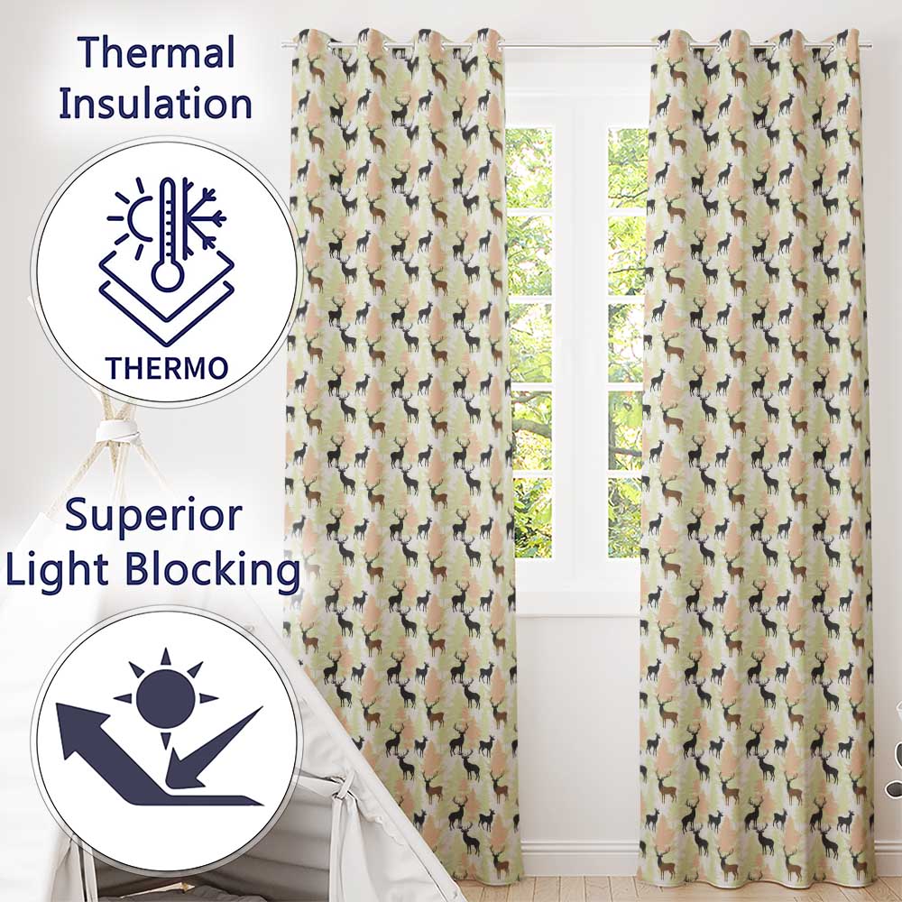 Modern Deer Silhouette with Forest Background Neutral Tones Seamless Pattern Readymade Eyelet Ring Top Thermal 100% Blackout Curtains
