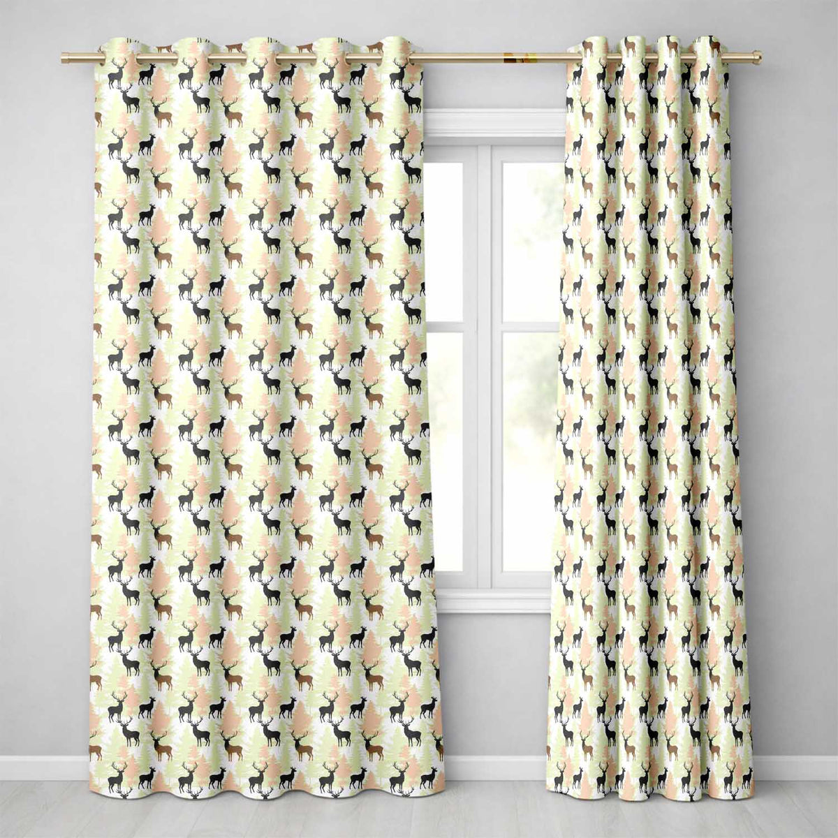 Modern Deer Silhouette with Forest Background Neutral Tones Seamless Pattern Readymade Eyelet Ring Top Thermal 100% Blackout Curtains