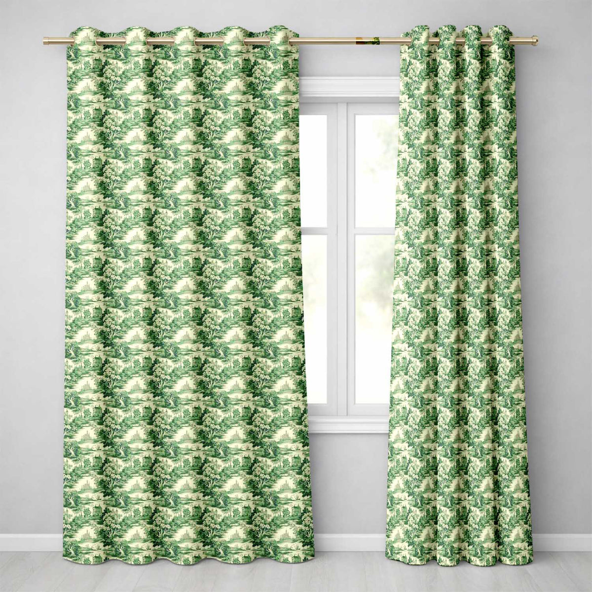 Traditional Green Toile Woodland Estate Scenic Nature Seamless Pattern Readymade Eyelet Ring Top Thermal 100% Blackout Curtains
