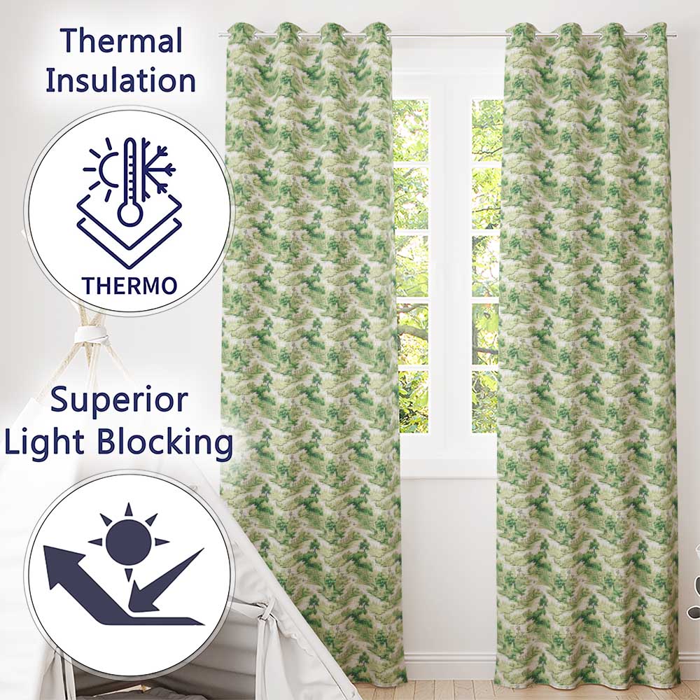 Soft Green Countryside River Village Scenic Toile Seamless Pattern Readymade Eyelet Ring Top Thermal 100% Blackout Curtains