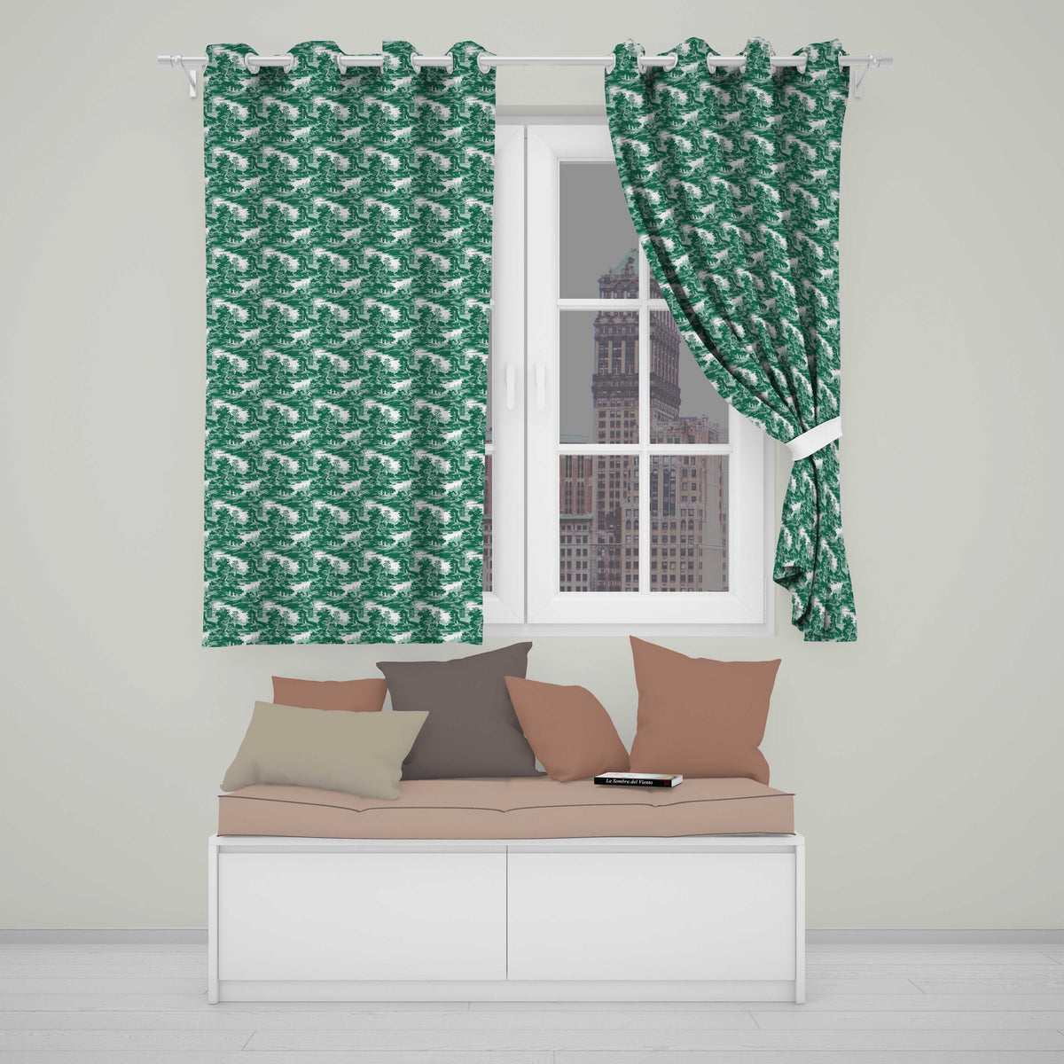 Dark Green Romantic Landscape with Figures Scenic Toile Seamless Pattern Readymade Eyelet Ring Top Thermal 100% Blackout Curtains