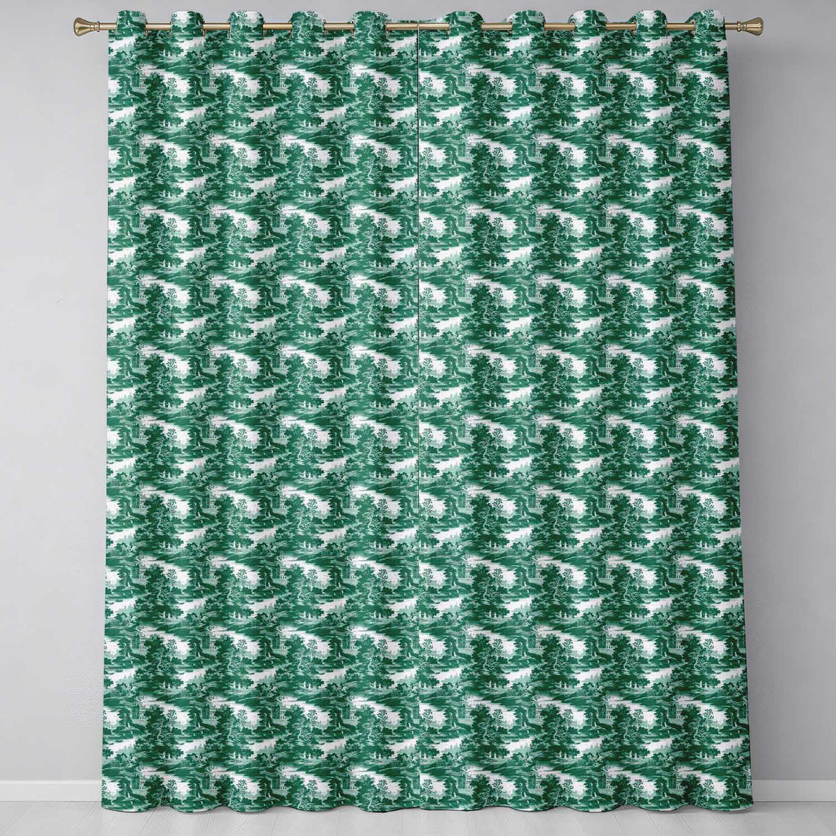 Dark Green Romantic Landscape with Figures Scenic Toile Seamless Pattern Readymade Eyelet Ring Top Thermal 100% Blackout Curtains