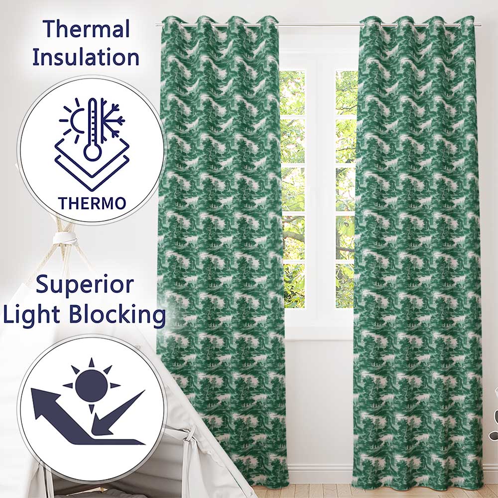 Dark Green Romantic Landscape with Figures Scenic Toile Seamless Pattern Readymade Eyelet Ring Top Thermal 100% Blackout Curtains