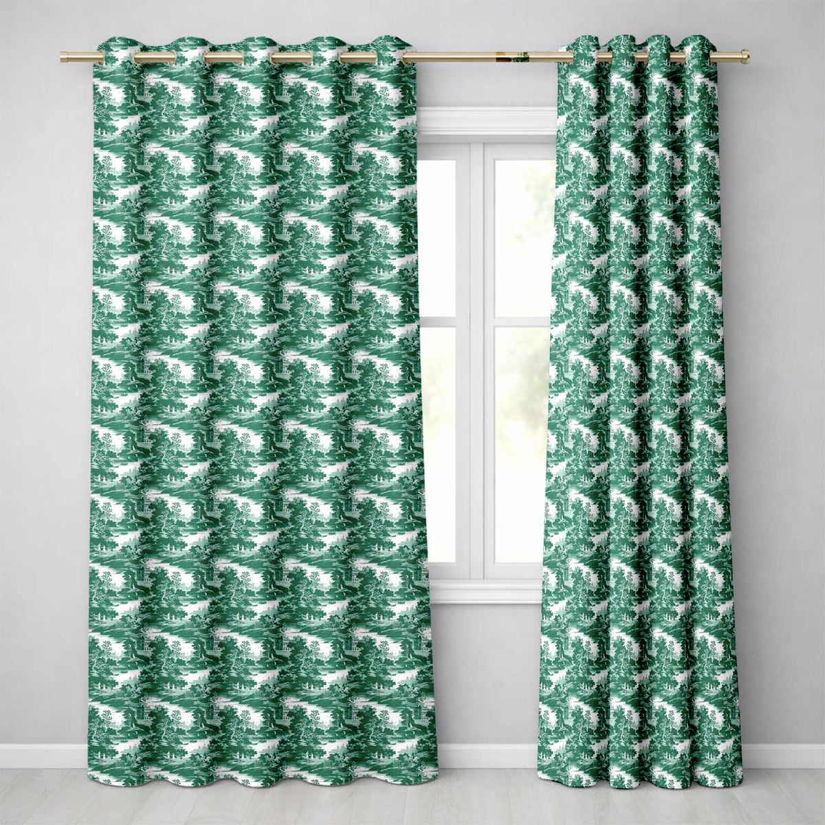 Dark Green Romantic Landscape with Figures Scenic Toile Seamless Pattern Readymade Eyelet Ring Top Thermal 100% Blackout Curtains