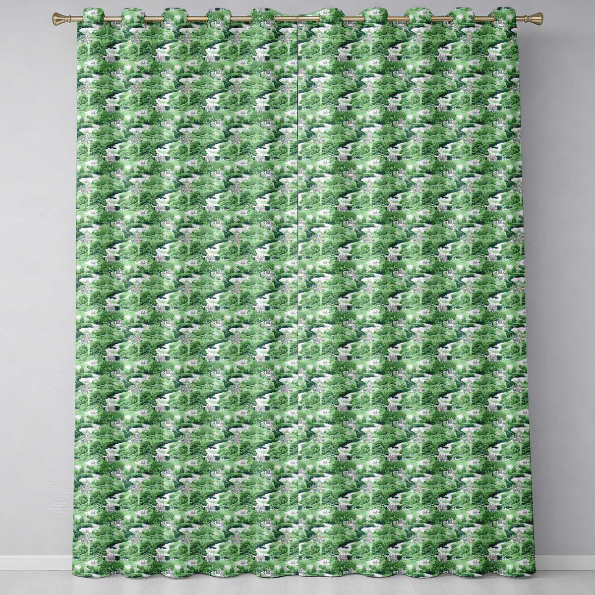Bright Green Pastoral Hillside Village Scenic Toile Seamless Pattern Readymade Eyelet Ring Top Thermal 100% Blackout Curtains