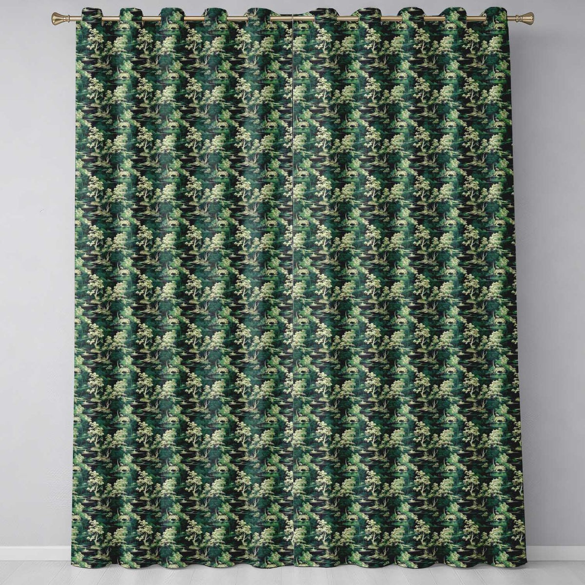 Mystical Woodland River Bridge Scenic Toile Nature Seamless Pattern Readymade Eyelet Ring Top Thermal 100% Blackout Curtains