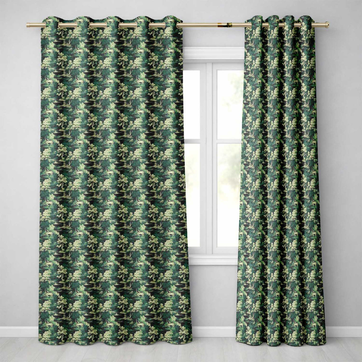Mystical Woodland River Bridge Scenic Toile Nature Seamless Pattern Readymade Eyelet Ring Top Thermal 100% Blackout Curtains