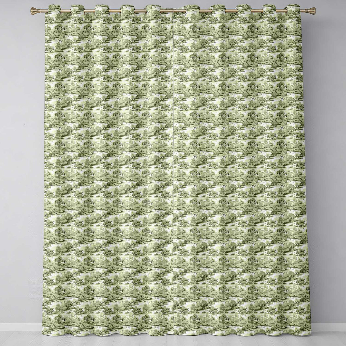 Classic Beige Green Countryside River Village Toile Seamless Pattern Readymade Eyelet Ring Top Thermal 100% Blackout Curtains