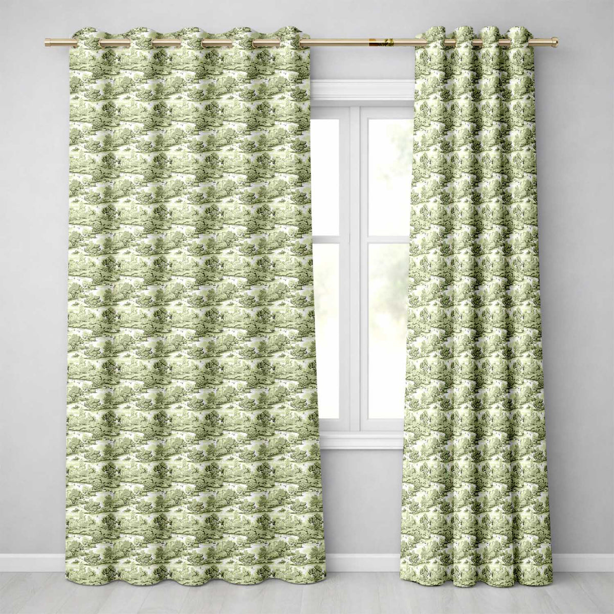 Classic Beige Green Countryside River Village Toile Seamless Pattern Readymade Eyelet Ring Top Thermal 100% Blackout Curtains