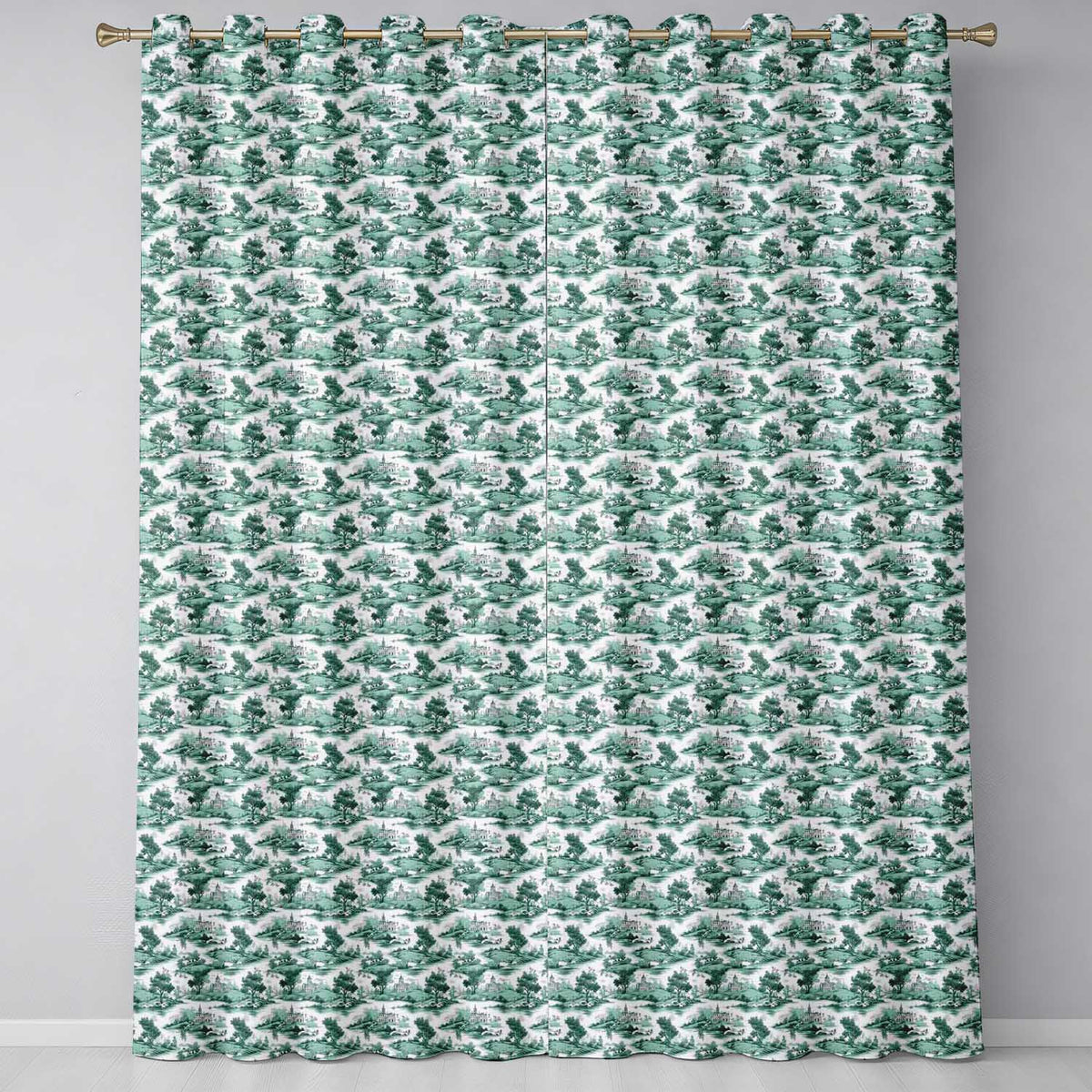 Soft Green Countryside River Village Scenic Toile Seamless Pattern Readymade Eyelet Ring Top Thermal 100% Blackout Curtains