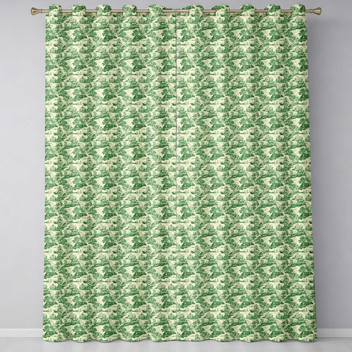 Classic Green Garden Landscape with Villas Scenic Toile Seamless Pattern Readymade Eyelet Ring Top Thermal 100% Blackout Curtains