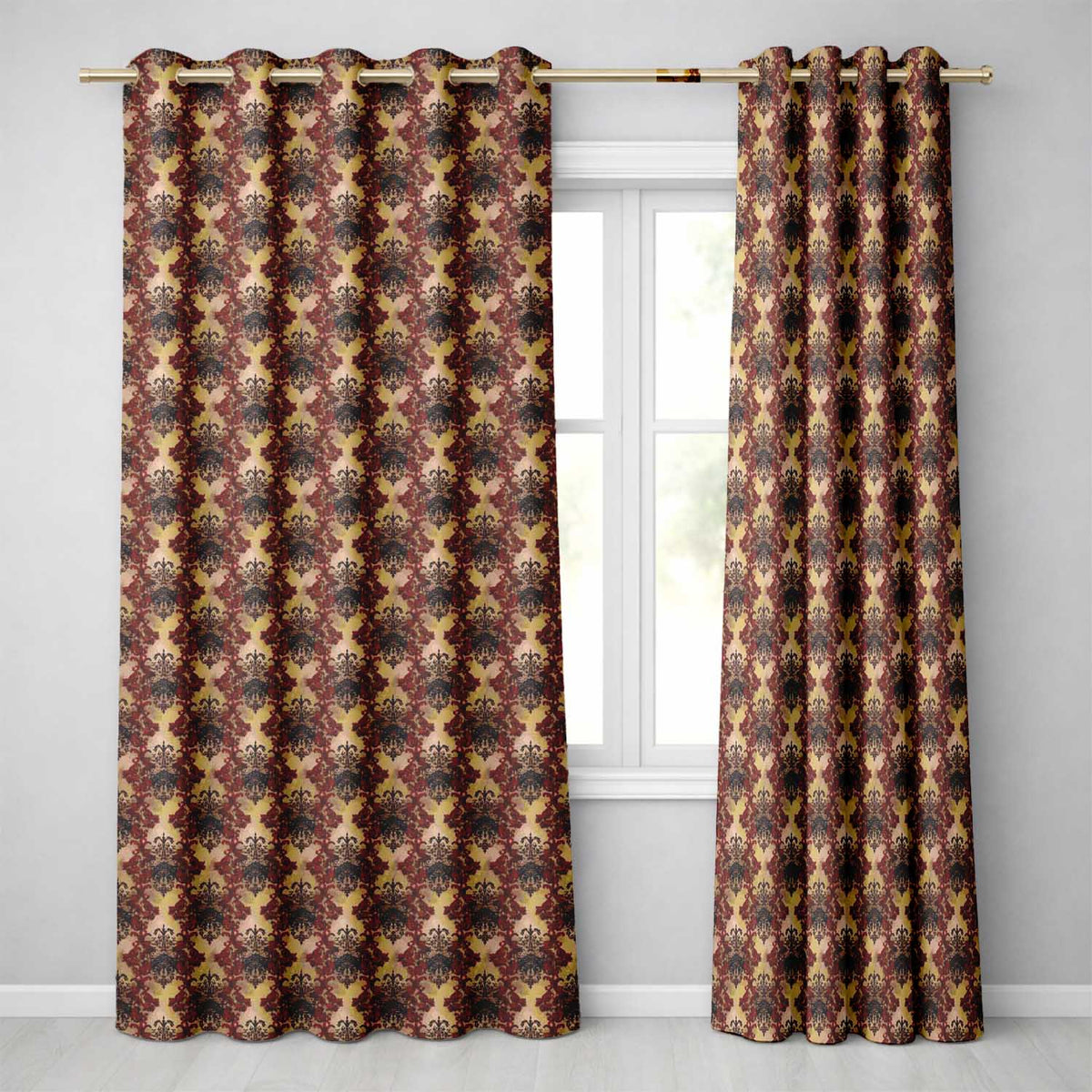 Ornate Red Black Vintage Damask Floral Baroque Seamless Pattern Readymade Eyelet Ring Top Thermal 100% Blackout Curtains