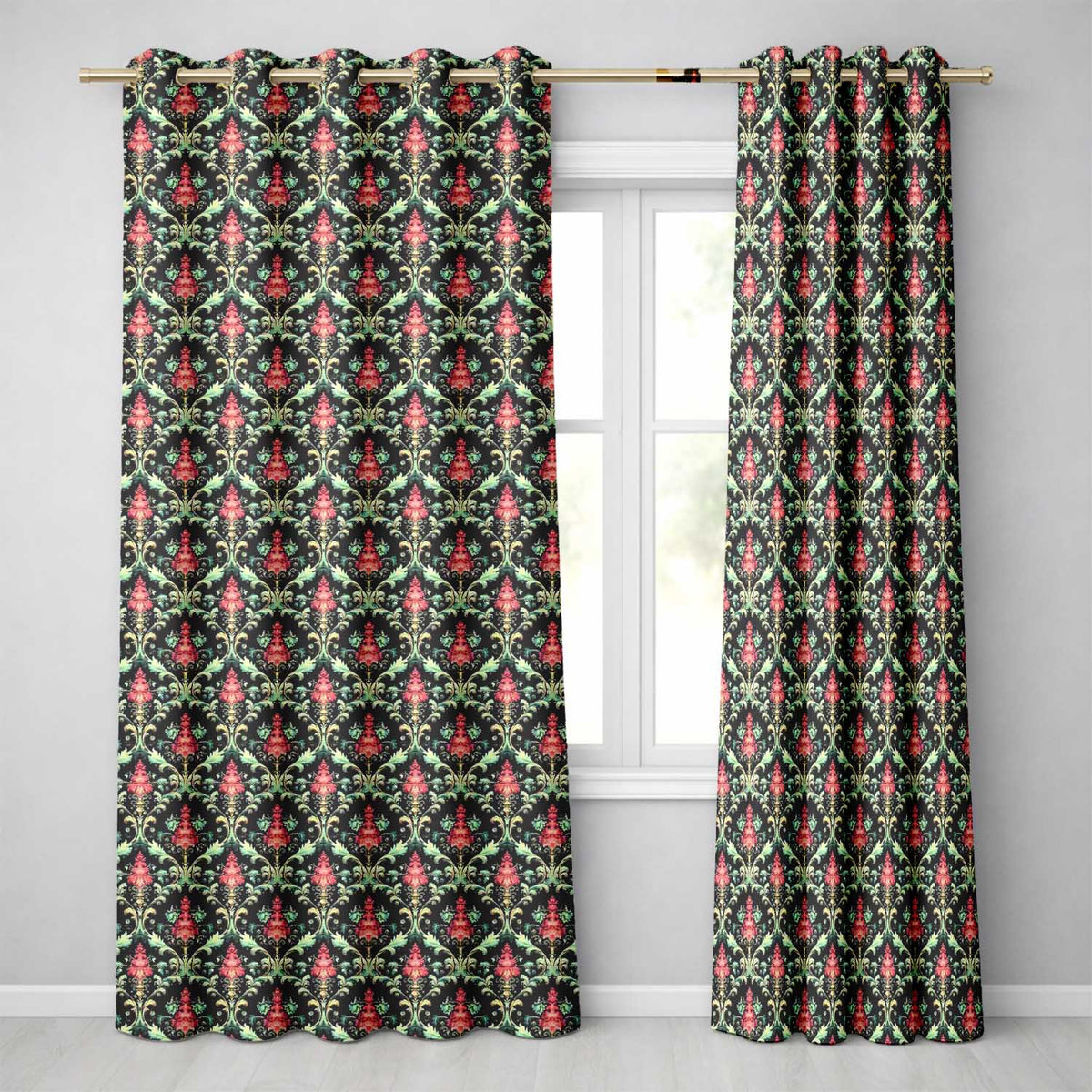 Vibrant Pink Teal Ornate Floral Baroque Damask Seamless Pattern Readymade Eyelet Ring Top Thermal 100% Blackout Curtains