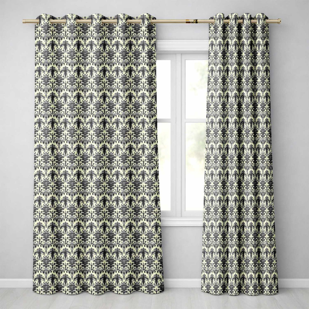 Antique Ivory Black Detailed Baroque Floral Seamless Pattern Readymade Eyelet Ring Top Thermal 100% Blackout Curtains