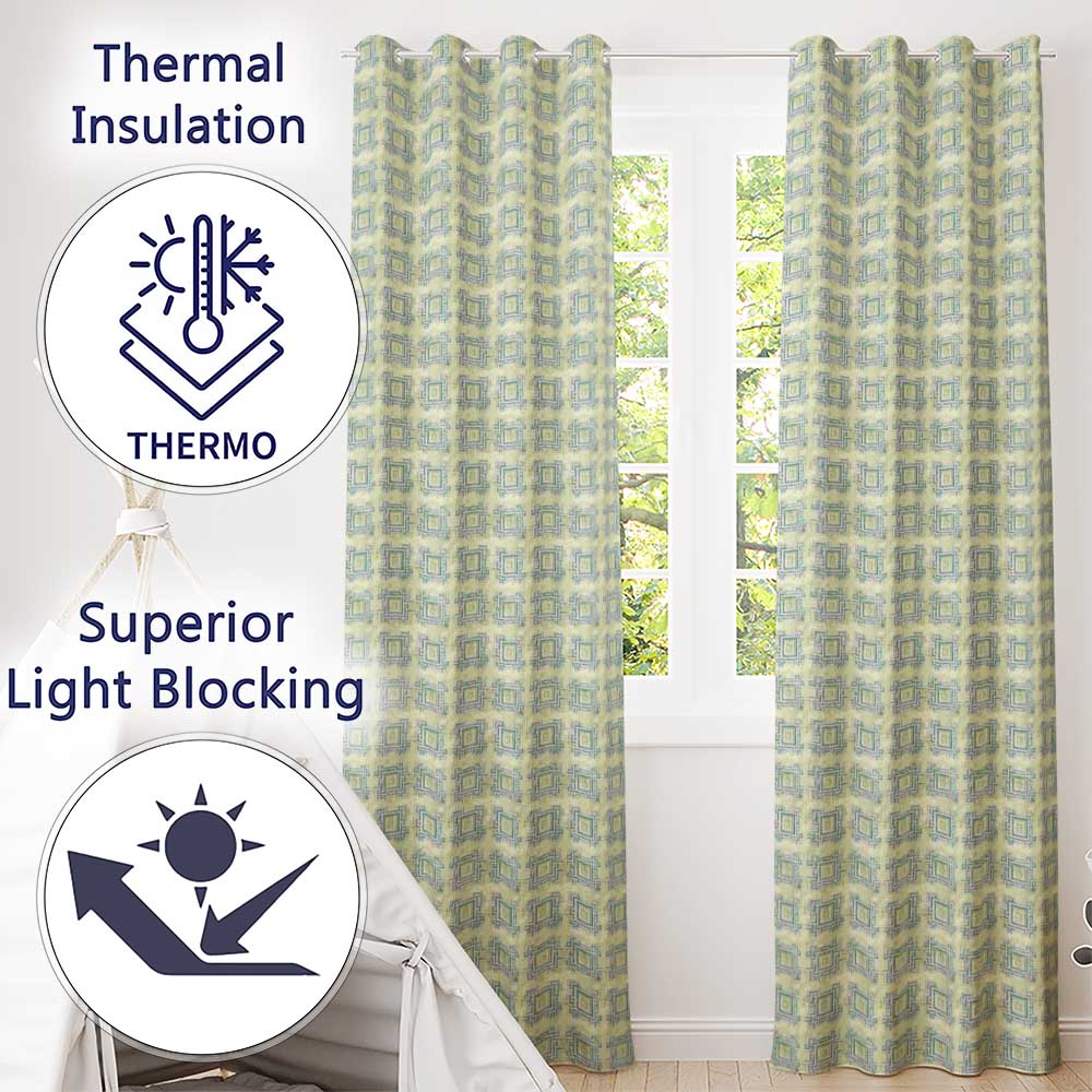Soft Aqua Grey Square Tribal Geometric Seamless Pattern Readymade Eyelet Ring Top Thermal 100% Blackout Curtains