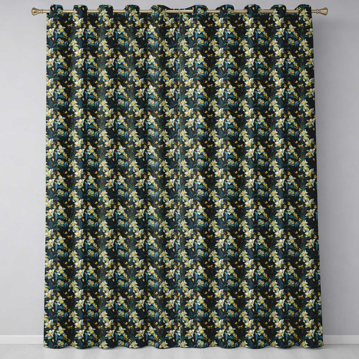 Dark Teal Orchid Floral Botanical Luxury Seamless Pattern Readymade Eyelet Ring Top Thermal 100% Blackout Curtains