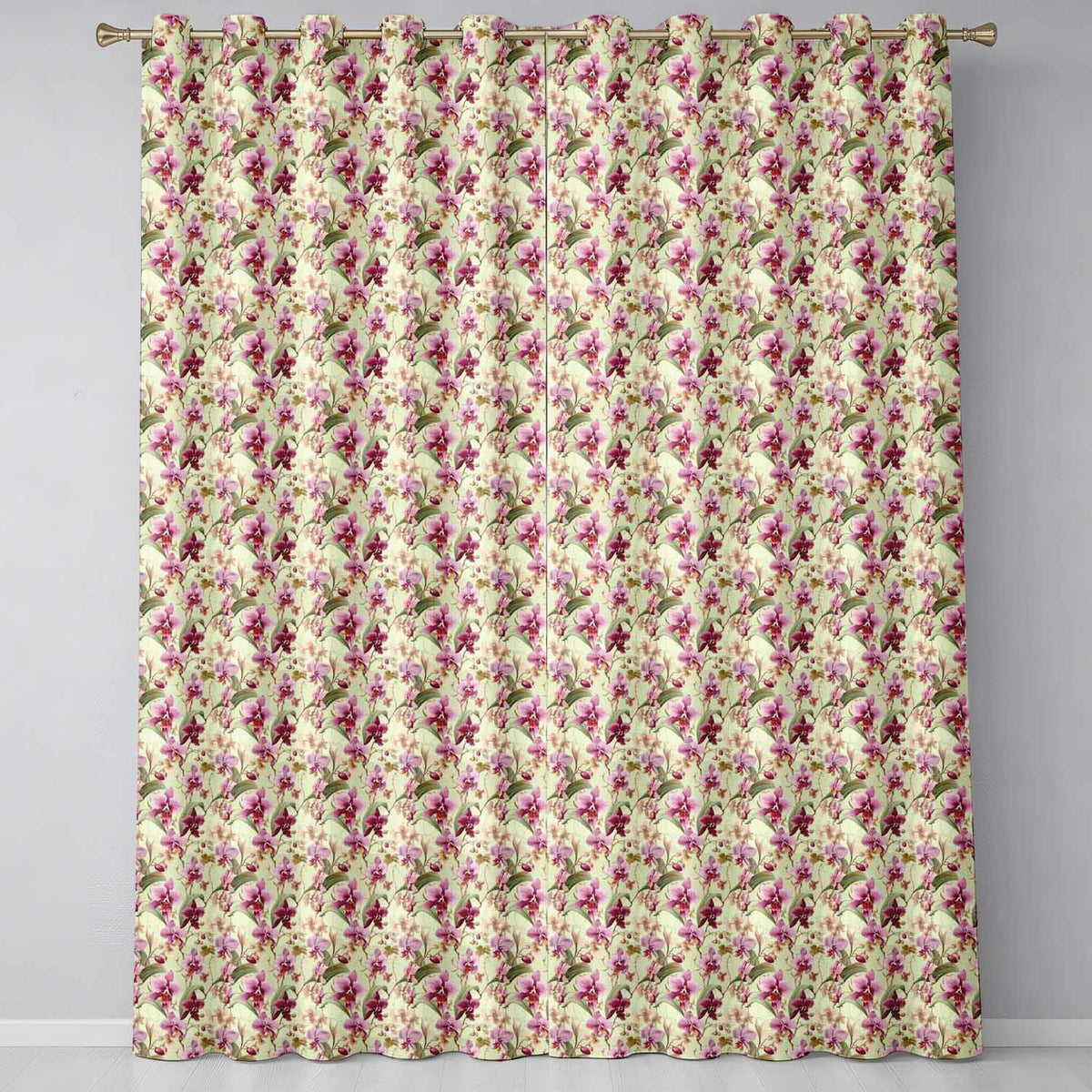 Elegant Pink Orchid Floral Vintage Beige Seamless Pattern Readymade Eyelet Ring Top Thermal 100% Blackout Curtains