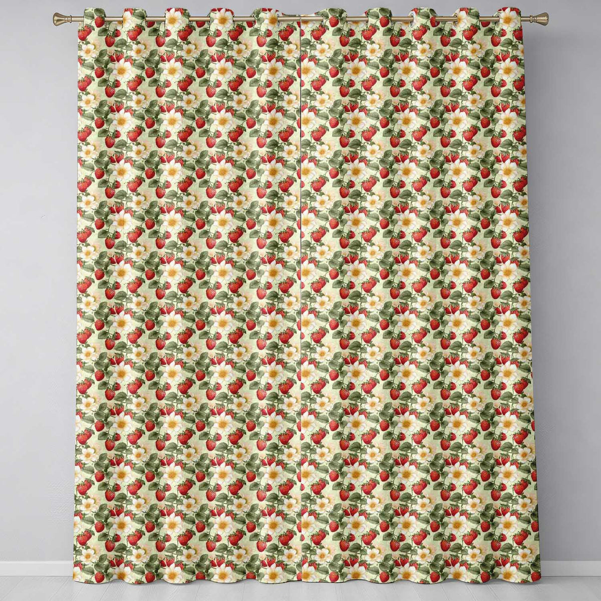 Elegant Strawberry Floral Bloom Cream Seamless Pattern Readymade Eyelet Ring Top Thermal 100% Blackout Curtains