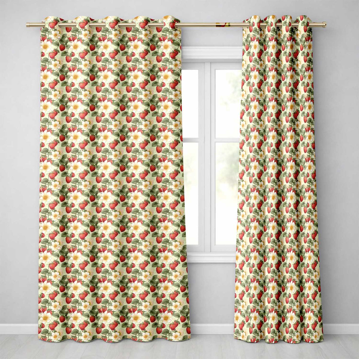 Elegant Strawberry Floral Bloom Cream Seamless Pattern Readymade Eyelet Ring Top Thermal 100% Blackout Curtains